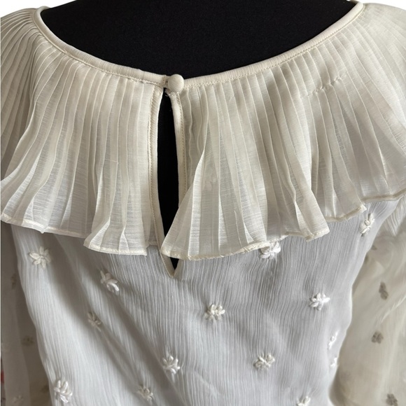 Sundance ivory Sheer Boho Blouse Floral Embroidered Pleated Ruffle Neck Size M - Picture 7 of 11